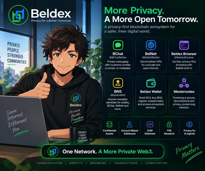 A promotional graphic for 'Beldex', featuring an anime-style character giving a thumbs-up, advertising a privacy-first blockchain ecosystem with features like BChat, BelNet, and Beldex Wallet under the slogan 'More Privacy. A More Open Tomorrow.'