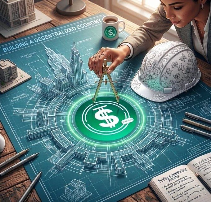 A person using a compass works on a blueprint titled 'BUILDING A DECENTRALIZED ECONOMY' featuring a glowing USDD dollar sign, architectural drawings, a coffee cup, and a hard hat on the table.