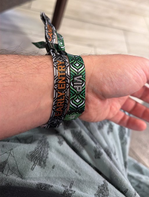 A person's wrist wearing two festival/event wristbands - one orange reading "EARLY ENTRY" and another green patterned one, with the person sitting on a patterned blanket.