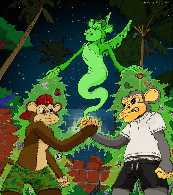 The illustration depicts two anthropomorphic characters—a cap-wearing monkey in camo shorts and a snarling rat in a white sweater—fist-bumping in front of a starry jungle scene where a ghostly green dragon rises from a brick archway, with small creature icons floating around them. The artist's signature "by Fistfry TENS, 2022" is visible in the top right corner, fitting the post's playful "BUILT BY THE MEMES" vibe for the $BAYLA contest.