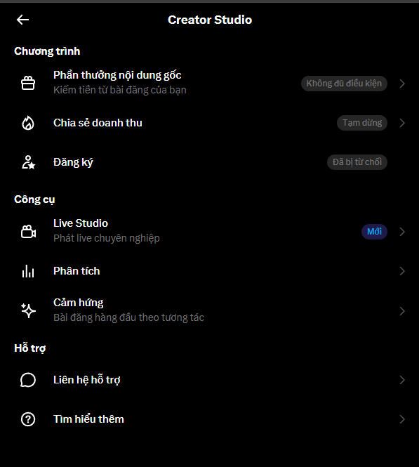 A dark-mode screenshot of a TikTok Creator Studio menu in Vietnamese, showing program options like 'Phần thưởng nội dung gốc' and tools like 'Live Studio' and 'Phân tích'.