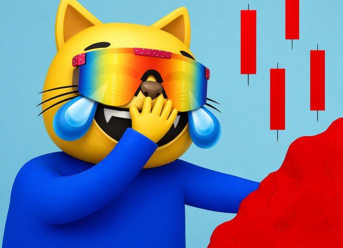 A 3D-rendered yellow cat emoji character wearing large rainbow-striped sunglasses, laughing and crying tears of joy in front of a descending red candlestick chart.