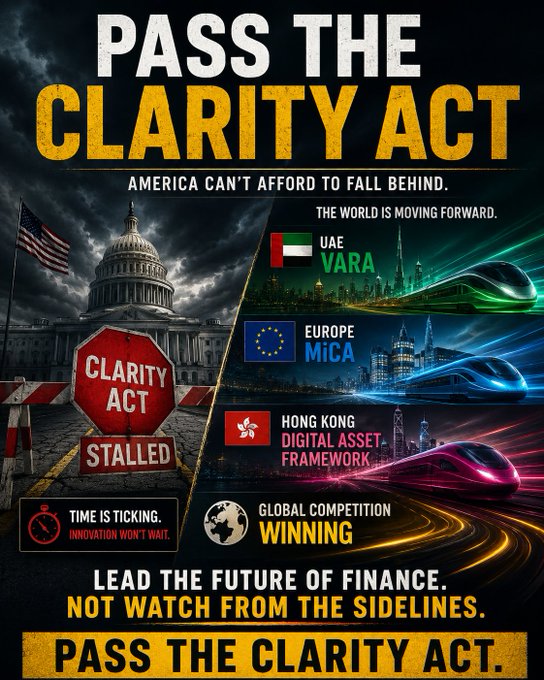 The image features an advertisement with three different images depicting various cities around the world. The text on the poster encourages people to "Pass the Clarity Act" as a way of promoting transparency and openness in government, business, and society.