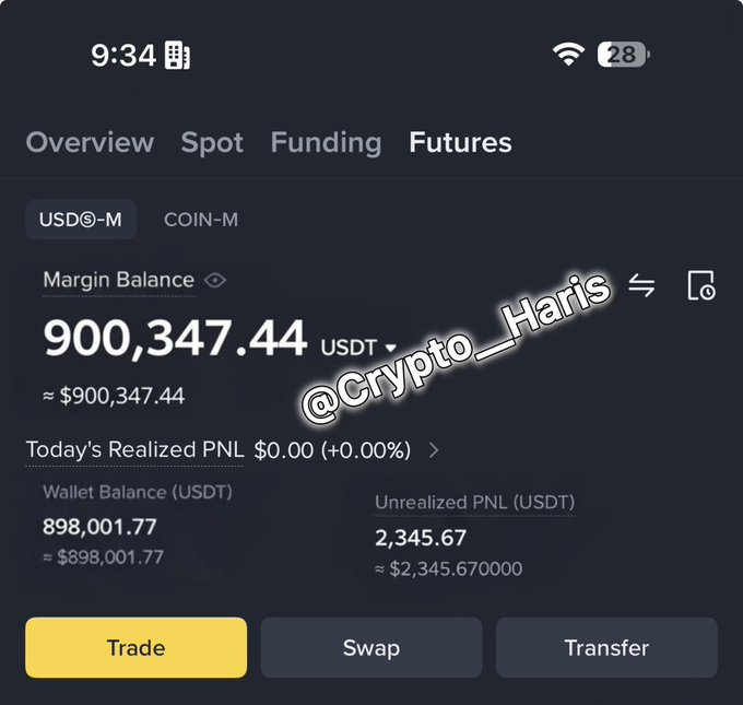 The image shows a Binance Futures account in USDⓈ-M mode with a Margin Balance of 900,347.44 USDT, a Wallet Balance of 898,001.77 USDT, and an Unrealized PNL of 2,345.67 USDT, watermarked "@Crypto_Haris." It visually supports the post's claim by displaying a substantial trading account balance to suggest the author is a successful trader offering help.