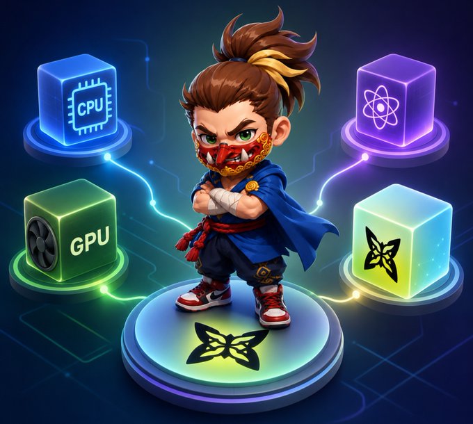 A stylized 3D character of a masked warrior surrounded by floating cubes labeled 'CPU', 'GPU', and others, connected by glowing energy lines.