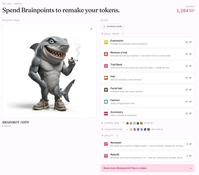 A 'The Lab' interface titled 'Spend Brainpoints to remake your tokens' with a 1,264 BP balance, displaying a smoking shark character in sneakers labeled 'BRAINROT #1979' alongside customization options like Expression, Trait Bank, Hair, and Fashion.