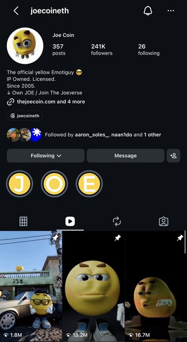 An Instagram profile page for 'joecoineth' (@joecoineth), displaying the account name 'Joe Coin' with 241K followers, 357 posts, and 26 following, featuring a yellow emoji-like character as the profile picture.