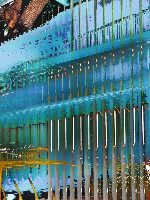 An abstract glitch-art style image featuring distorted blue and teal vertical lines and pixelated visual artifacts.