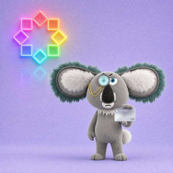 A 3D-rendered gray koala with a monocle and mustache holds a 'STARTALE' Visa card, standing in front of a purple backdrop with a colorful neon square logo.