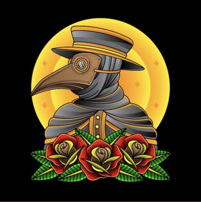 A digital illustration of a plague doctor wearing a dark cloak with gold trim and a long-beaked mask with goggles, set against a yellow sun background with red roses at the bottom.