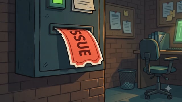 The image features an office scene, including a computer desk with a chair, a printer, and some papers scattered around. There's also a red ticket attached to the wall that says "issue". The text of the post reads "Who let the devs out? I replaced my dev team with a pack of dogs and it actually works?". This message seems to be humorous or satirical in nature, suggesting that someone has replaced their original team with a pack of dogs as an unconventional solution for their problem.