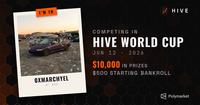 The image features a purple car with a "I'm In" banner at the top, along with an orange banner that says "Competing in Hive World Cup June 12 - 26". The text below the car reads "Oxarchélle", which is likely a reference to the person who took the photo of the car. The post also mentions that there are prizes for participating in the competition and that it's happening on #Polymarket.
