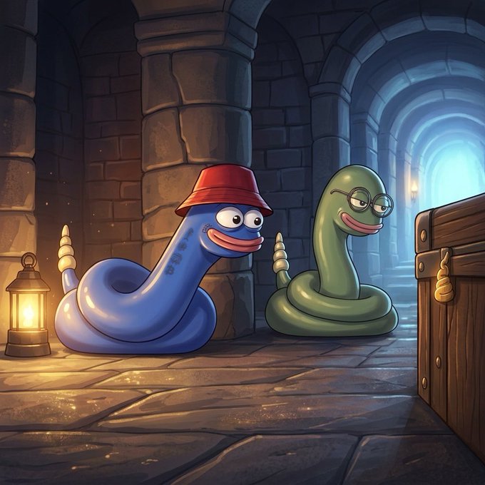 A digital illustration of two cartoon worms—one blue wearing a red bucket hat with "UBER" on its side, and one green wearing glasses—standing in a stone dungeon corridor illuminated by a lantern and a wooden treasure chest.