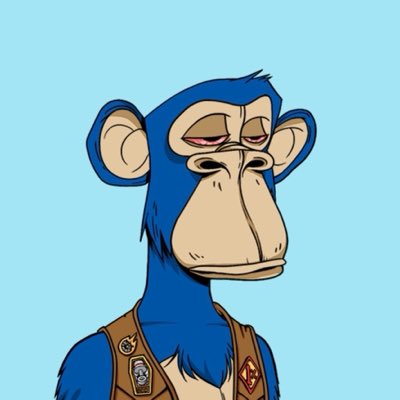 A digital cartoon illustration of a sad-looking blue monkey character with half-closed eyes, wearing a brown vest with badges on a light blue background, resembling a Bored Ape Yacht Club NFT.