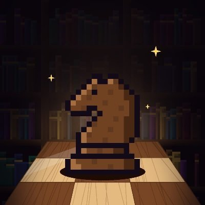 Pixel art illustration of a brown chess knight piece placed on a lit chessboard, surrounded by a dark background with sparkles.