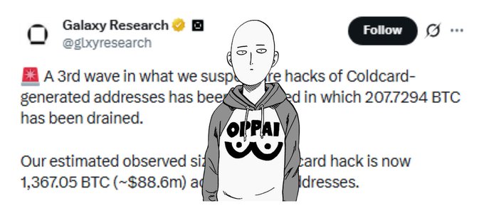A Twitter/X post from Galaxy Research (@glxyresearch) discusses a 3rd wave of hacks on Coldcard-generated addresses, reporting that 207.7294 BTC has been drained, with an illustrated figure wearing a hoodie obscuring part of the text.