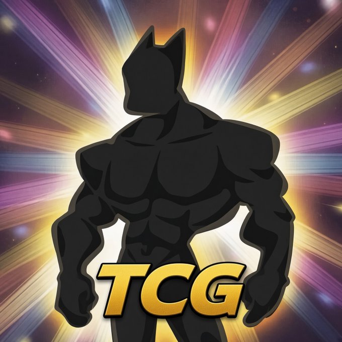 A muscular anthropomorphic dog character silhouetted against a vibrant, starburst-like cosmic background, with the gold text "TCG" displayed across its torso. The image ties into the trading card game ("TCG") and collectible meme ("doginal dogs") theme referenced in the post, symbolizing a new acquisition or rare find.
