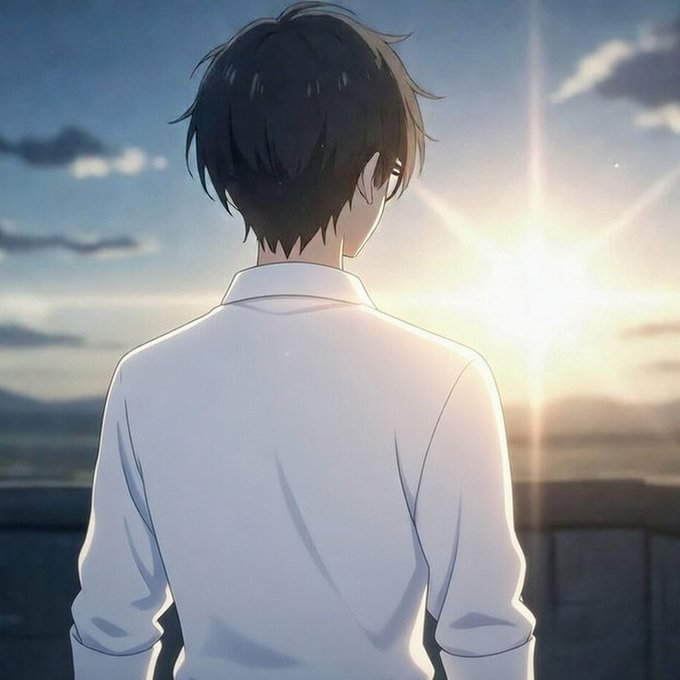 An anime-style illustration of a young man with dark hair wearing a white shirt, seen from behind as he looks toward a bright sunrise over the ocean.