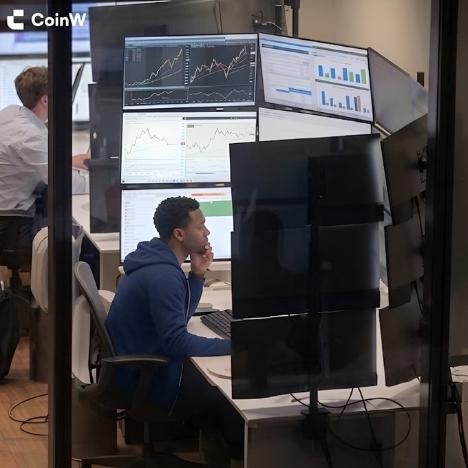 The image shows a man sitting at his desk, wearing a blue hoodie, with multiple computer monitors behind him. The screens display various graphs and charts related to stock trading. The man appears to be focused on analyzing the data displayed on the monitors. In the background, there are other people present in the room, but they do not seem to be directly involved in the image's main subject matter - the man monitoring his investments.

The post that accompanies this image is titled "CoinW" and it asks a question about the current value of Bitcoin. The post suggests that the man might be interested in investing in Bitcoin or tracking its price fluctuations, as he is closely examining multiple stock trading graphs on his computer screens.