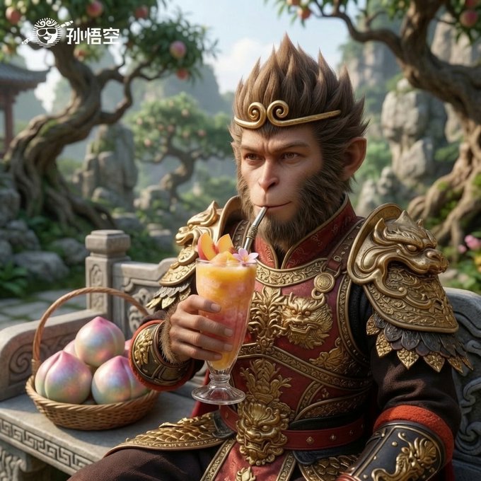 A CGI rendering depicts Sun Wukong (the Monkey King) in ornate golden armor drinking from a fruit smoothie glass, with peaches in a basket beside him and Chinese characters '孙悟空' in the corner.