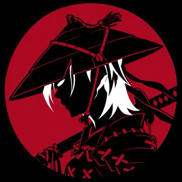 A stylized red and black illustration featuring a silhouette of a character wearing a wide straw hat.