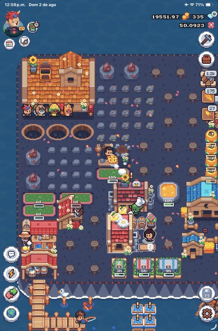 A screenshot of a pixel-art mobile game showing a farm or village scene with crops, characters, and various UI elements displaying resources like coins and gems.