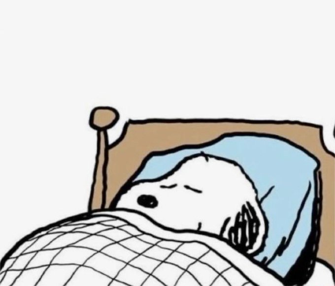A cartoon dog is sleeping peacefully tucked under a checkered blanket on a wooden bed with a blue pillow. The image complements the relaxed "Happy Sunday to whoever is here" message, capturing a cozy rest day vibe.