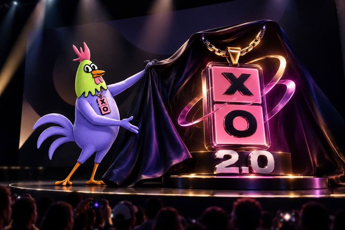 A 3D-rendered rooster wearing an 'XOXO' lanyard pulls back a dark velvet curtain on a stage to reveal a glowing pink 'XO 2.0' pendant on a pedestal.