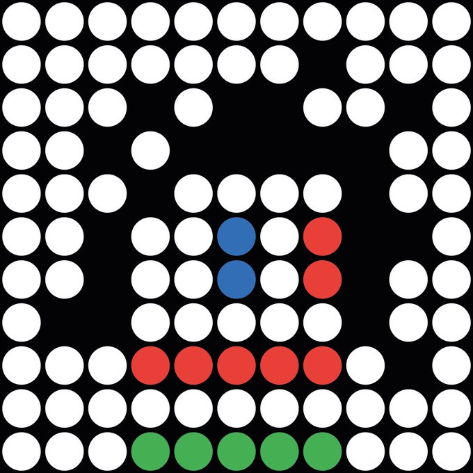 A pixel art image made of colored dots on a black background depicting a figure with blue eyes, red lips, and green clothing.