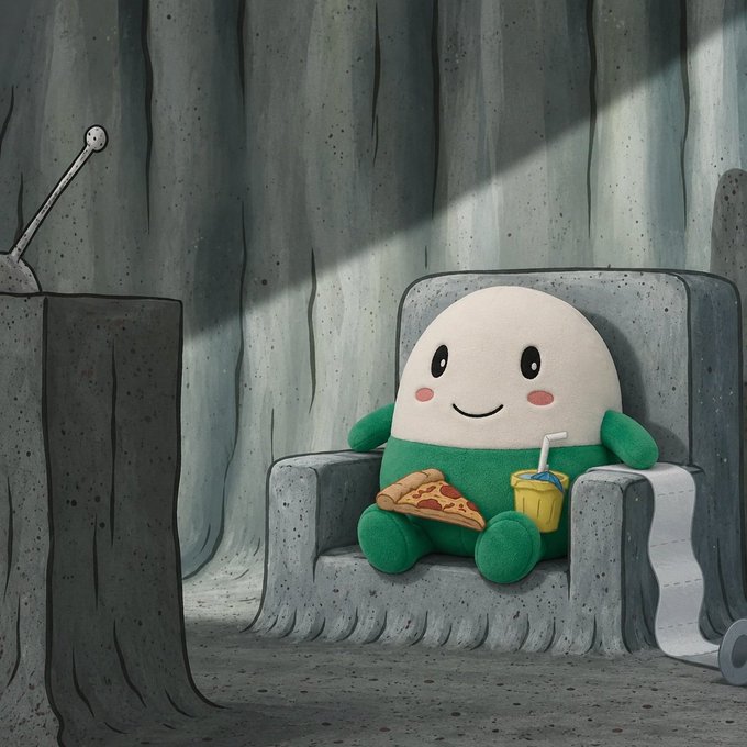 A cute green-and-white plush mascot with rosy cheeks sits in a stone armchair, happily enjoying a slice of pizza and a yellow drink, embodying the loyal, judgment-free companion vibe the post describes for the $CUPSEY token.