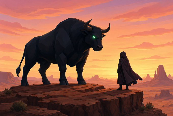 An animated scene shows a cloaked figure standing on a rocky cliff at sunset, facing a massive, dark, horned bull-like creature with glowing green eyes.
