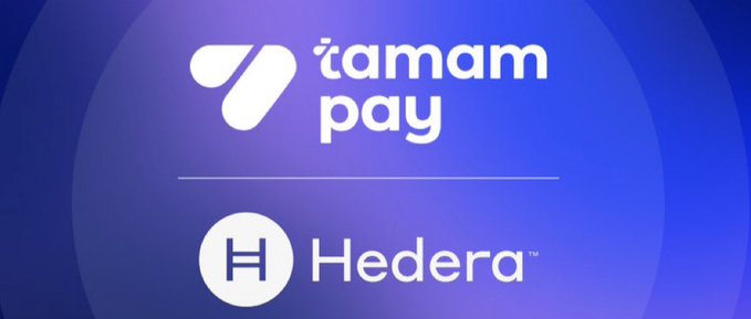 A blue and purple gradient background featuring the 'tamam pay' logo above the 'Hedera' logo.