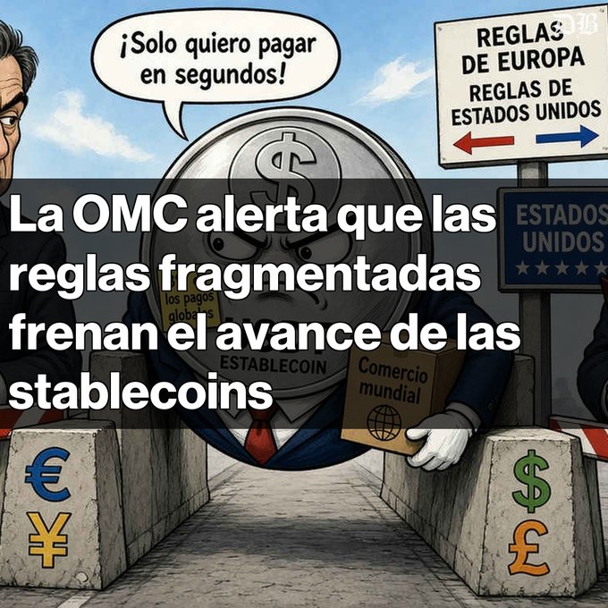 Cartoon illustration with Spanish text "La OMC alerta que las reglas fragmentadas frenan el avance de las stablecoins", depicting a frustrated stablecoin coin character between signs for Europe and United States regulations.