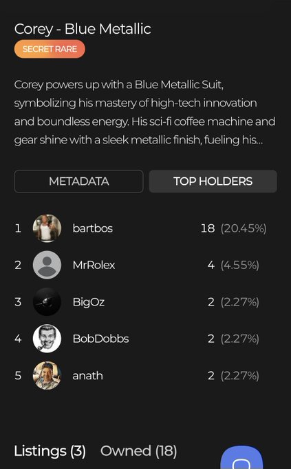 The image shows a phone screen displaying a list of people's names along with their social media handles. The main focus appears to be on the name "Corey - Blue Metallic", which is associated with a person named Bob Dobbs. The rest of the list includes other individuals' names and social media handles, such as "@anoth" and "@bobdobs". The image also contains some text that reads "#veve $omi #nft #topholders ... yes i,m addicted", which seems to be a comment or message related to the content displayed on the screen.