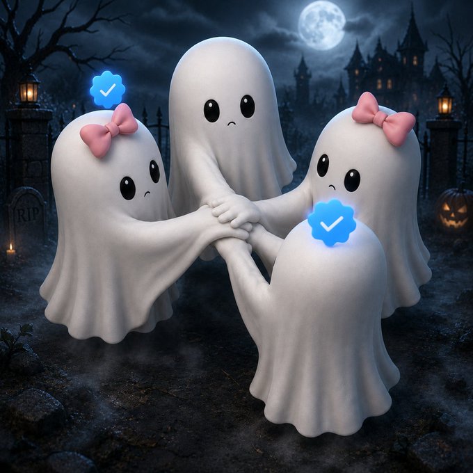 Three cute ghost characters stand together with arms linked in a circle, two of them floating blue verification checkmark icons above their heads, set against a spooky haunted graveyard backdrop with a full moon. The image visually reinforces the post's message about getting verified and growing together in the crypto community.