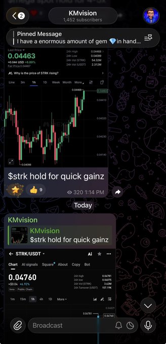 A Telegram channel called "KMvision" with 1,452 subscribers shares a price chart showing STRK/USDT trading at 0.04760 USD (+0.04), with the post "$trk hold for quick gainz" noting the call was made around 3:20 PM, aligning with the promotional message about hints shared to the free Telegram group t.me/Digishahed26.