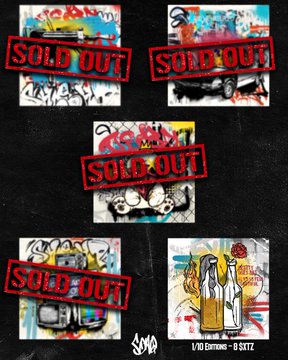 In the image, there are five different posters featuring graffiti art with the words "Sold Out" written above each one. The posters showcase various types of artwork and are arranged side by side against a black background. The text accompanying these posters reads "LAST EDITION AVAILABLE An update on the “Soul of an Outlaw” collection My latest dropped collection on @objktcom Last edition of the last piece is available ... $XTZ Can we have a sell out today". This suggests that the image is promoting an exclusive offer or sale event, where fans can purchase the limited edition art prints at $XTZ.