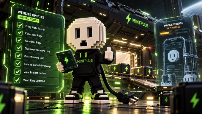 A 3D-rendered scene featuring a blocky voxel character in a "MINTPLUG" hoodie giving a thumbs-up, flanked by interface panels listing "WEBSITE UPDATES SHIPPED TODAY" and "MOBILE VERSION IN PROGRESS."