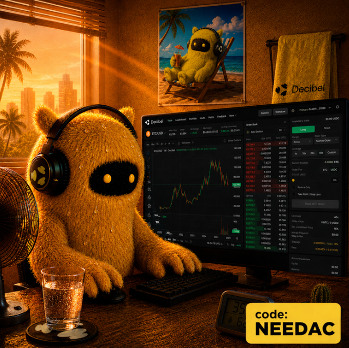 An AI-generated image of a fuzzy yellow robot character with glowing eyes wearing headphones, sitting at a computer displaying a 'Decibel' crypto trading interface, with a promo code 'NEEDAC' shown.
