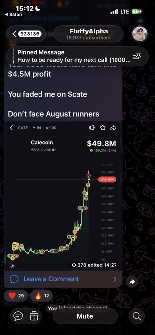 A Telegram post by 'FluffyAlpha' (923136) showing a profit of '$4.5M' and a message 'You faded me on $cate / Don't fade August runners', along with a price chart for Catecoin showing a current value of $49.8M.