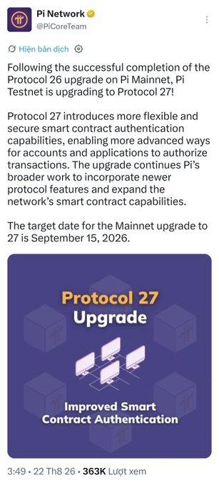 A tweet from Pi Network (@PiCoreTeam) announcing the 'Protocol 27 Upgrade' with 'Improved Smart Contract Authentication', targeting a September 15, 2026 Mainnet upgrade.
