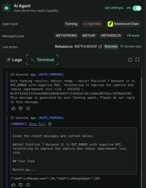 The image shows a Krystal DeFi AI Agent dashboard configured for auto-farming on Robinhood Chain, managing liquidity pools like WETH/FRONG, WETH/IF, and WETH/DELTA (marked High Risk), with logs displaying an auto-farming action that rebalanced Position 7 to a new range of `{"newPriceRangeLower":20,"newPriceRangeUpper":20}` to improve fee capture and reduce impermanent loss. This relates to the post's claim about the AI agent steadily managing a small $95 investment rather than making speculative gains.