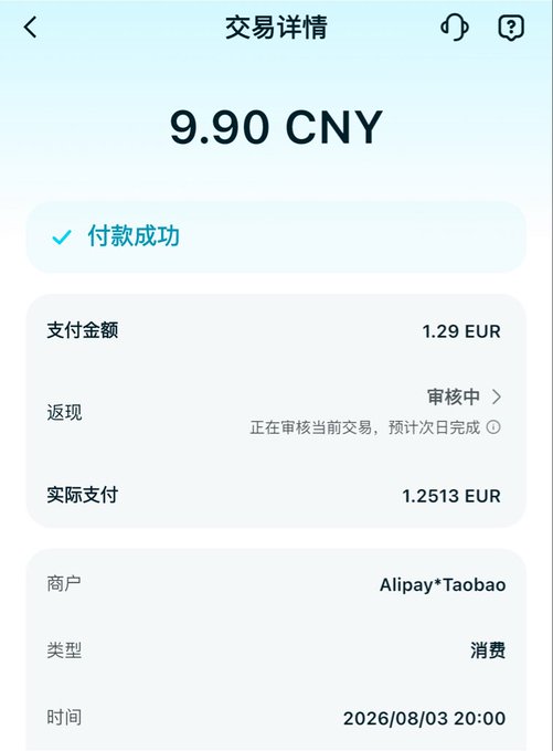 A Chinese-language transaction detail screen showing '交易详情' displays a payment of 9.90 CNY (1.2513 EUR) to Alipay*Taobao that was successful (付款成功), with a 1.29 EUR amount and a 0.04 EUR cashback pending review, dated 2026/08/03 20:00.