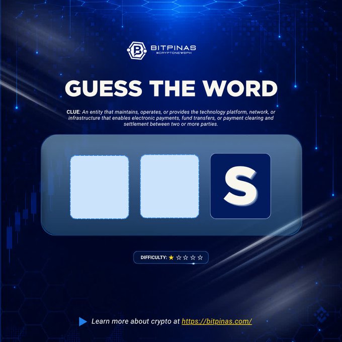 A BitPinas 'GUESS THE WORD' game card with a 1-star difficulty; the clue defines an entity that provides a technology platform for electronic payments, with 'S' revealed as the third letter.