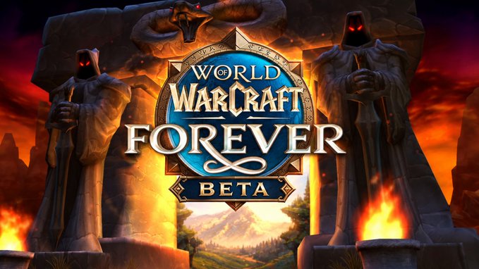 The official logo and promotional art for the 'WORLD OF WARCRAFT FOREVER BETA' video game, featuring hooded statues flanking a central emblem against a fiery background.
