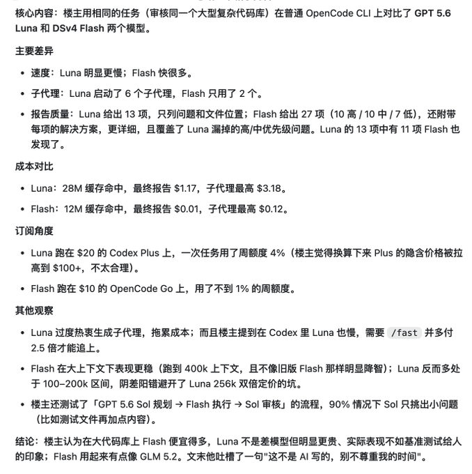 A Chinese text post comparing 'GPT 5.6 Luna' and 'DSv4 Flash' models, noting Flash's faster speed, lower cost ($0.01 vs $1.17), and better report quality.