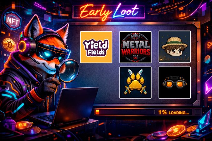 Cyberpunk-themed promotional graphic titled 'Early Loot' featuring a fox character with goggles and headphones using a magnifying glass next to a laptop, with NFT collection thumbnails including 'Yield Fields' and 'Metal Warriors' and '1% LOADING...' text.