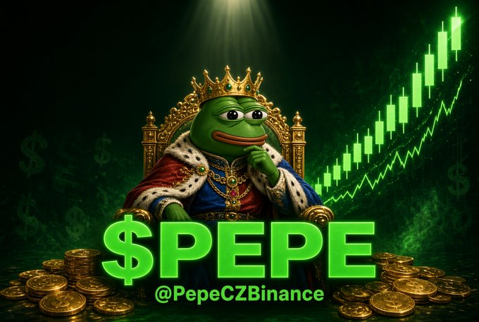 A promotional image featuring Pepe the Frog dressed as royalty with a crown, accompanied by the text "$PEPE" and "@PepeCZBinance", with a green candlestick chart in the background.