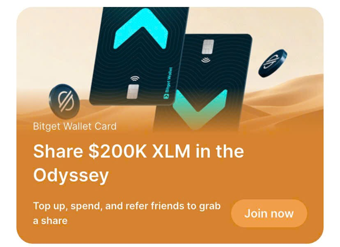 The image features a poster for a program called "The Odyssey" by Bitget Wallet, which aims to make digital payments more accessible while also helping users discover real-world blockchain utility. The poster includes two blue and black cards with arrows pointing upwards on them, symbolizing sharing or collaboration in the context of the program.
