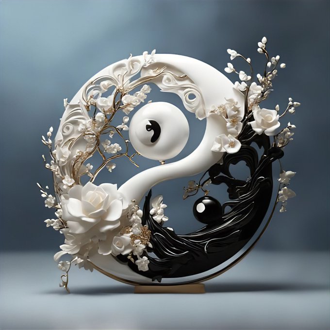 Decorative yin-yang sculpture with white floral designs on the lighter half and dark flowing elements on the darker half, displayed on a stand.